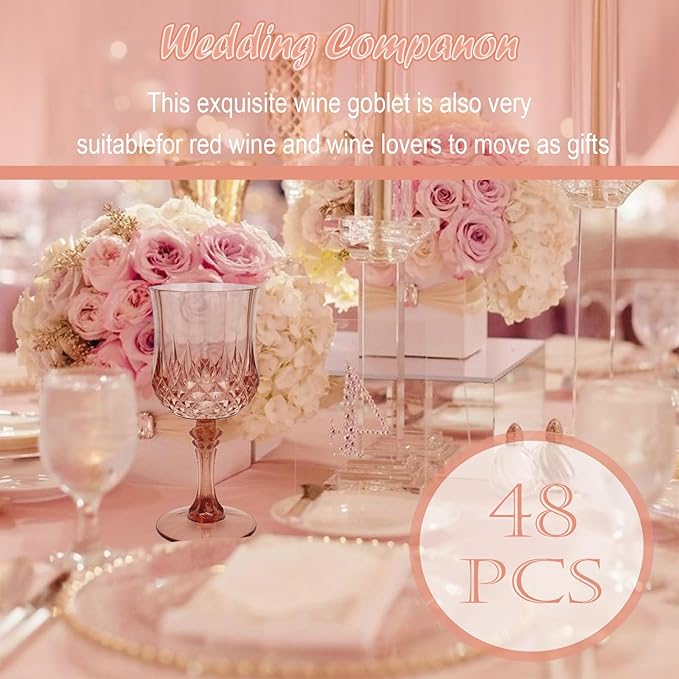Veiuwa 48 PCS Rose Gold Plastic Wine Glasses，Cordial Glasses，Goblets，Can be Used for Weddings, Everyday Fun Parties and More!