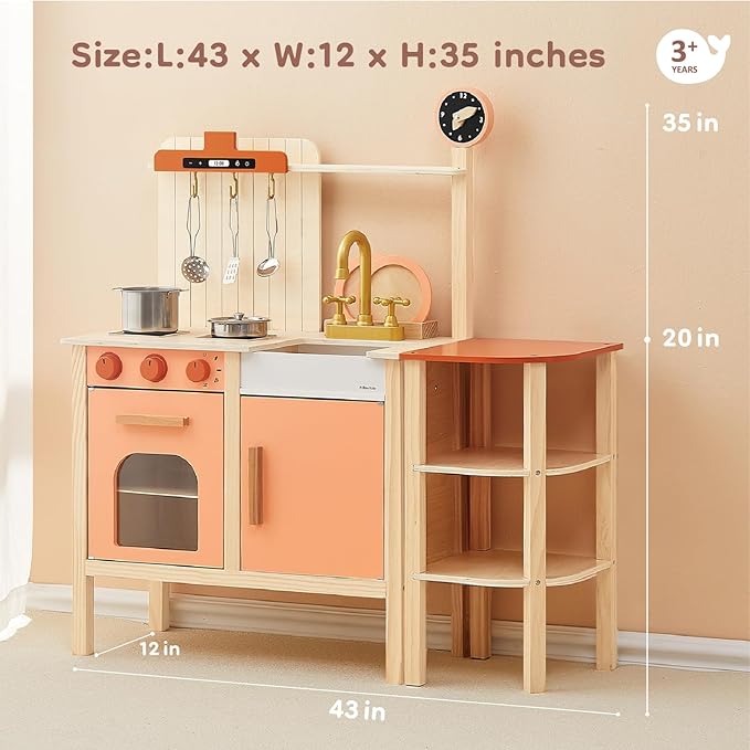 Pillowhale 2-in-1 Wooden Play Kitchen with Storage Rack, Kids Pretend Cooking Set w/Sink, Stove, Microwave & 8 Accessories, Montessori Toddler Kitchen Toy Gift for Boys & Girls Age 3+ (Red)