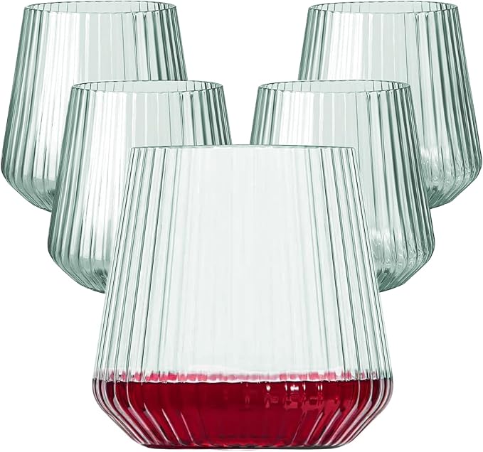 Lueumxc 40 Pack Plastic Ribbed Wine Glasses, 14Oz Origami Disposable Wine Glasses Unbreakable Clear Plastic Cocktail Glasses Recyclable Shatterproof Reusable Wine Cups (14oz-green-40pack)