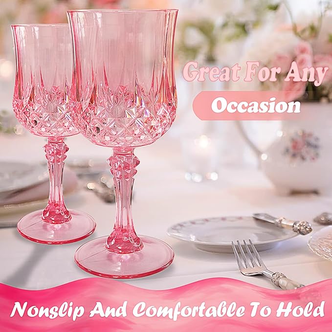 Veiuwa 48 PCS Pink Plastic Wine Glasses,Reusable Plastic Wine Glasses,Pink Goblet Glass,Durable and Sturdy Cups Can Be Used for Various Parties Such as Weddings!