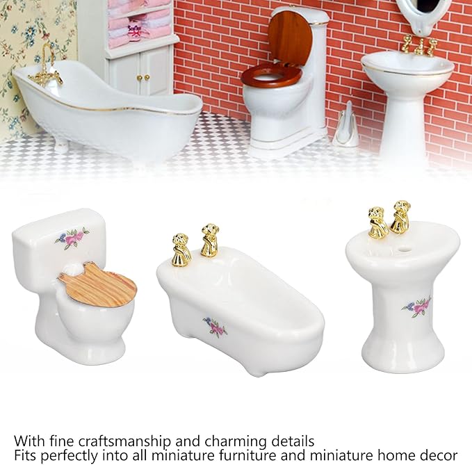 1:24 Dollhouse Miniature Bathroom Set, Ceramic Simulation Bathtub Toilet Sink, Miniature Furniture, Mini Ceramic Bathroom Furniture Set for Dollhouse Restroom Decoration (Flower Pattern)