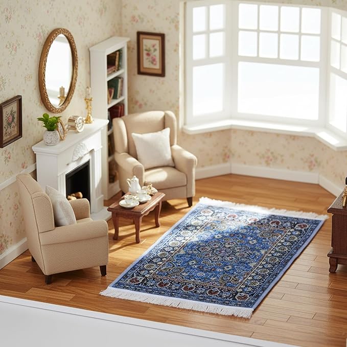 Dollhouse Rugs 3 Pcs Miniature Accessories, 1/12 Vintage Woven Dollhouse Rug, Mini Carpet for Dollhouses Furniture, Mini Floral Print Carpet for Doll House Floor Decor(Blue, Yellow, Red)