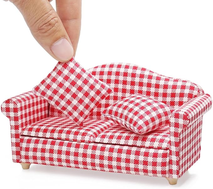 Odoria Dollhouse Couch Loveseat Miniature - 1/12 Scale Upholstered Sofa for Rustic Country Living Room - Mini Settee Chaise Lounge Wood Furniture Plaid Red