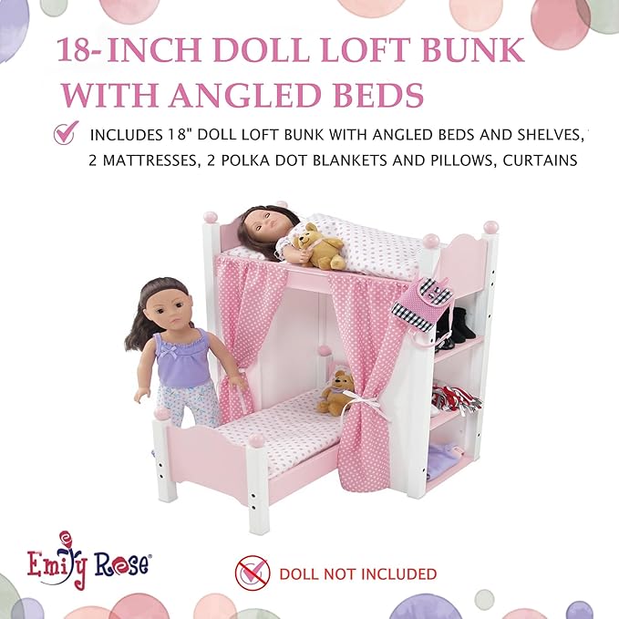 Emily Rose 18 Inch Doll Pink Loft Bunk Bed with Storage Shelves, Bins, and Ladder - Wooden Dollhouse Furniture with 2 Bedding Sets - Compatible with American Girl, Our Generation & My Life As Dolls