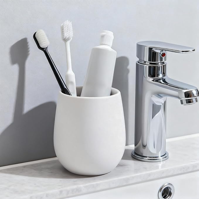 White Ceramic Toothbrush Holder - 11Oz Small Bathroom Tooth Brushing Holders, Reusable Mouthwash Cup, Toothpaste Holder, Makeup Brush Holder, Pen Holder for Bathroom Countertop, 1PC