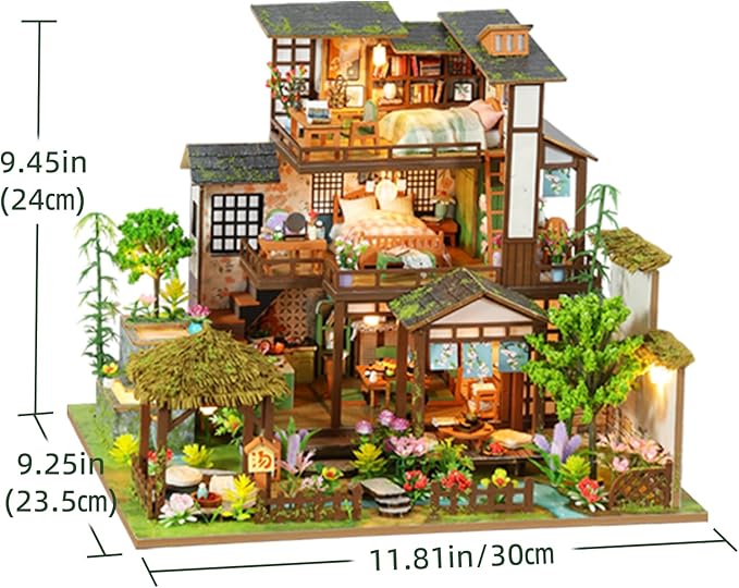 DIY Miniature House Kit with LED Lights, Bamboo Spring Courtyard Wooden Mini House Building Kit for Adults & Teens, Creative Crafts for Women, Friends & Hobbyists