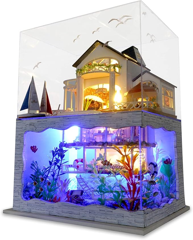 GuDoQi DIY Miniature Dollhouse Kit, Tiny House kit with Furniture and Dust Proof, Miniature House Kit 1:24 Scale Beachside Bungalow, Great Handmade Crafts Gift for Birthday Christmas Day