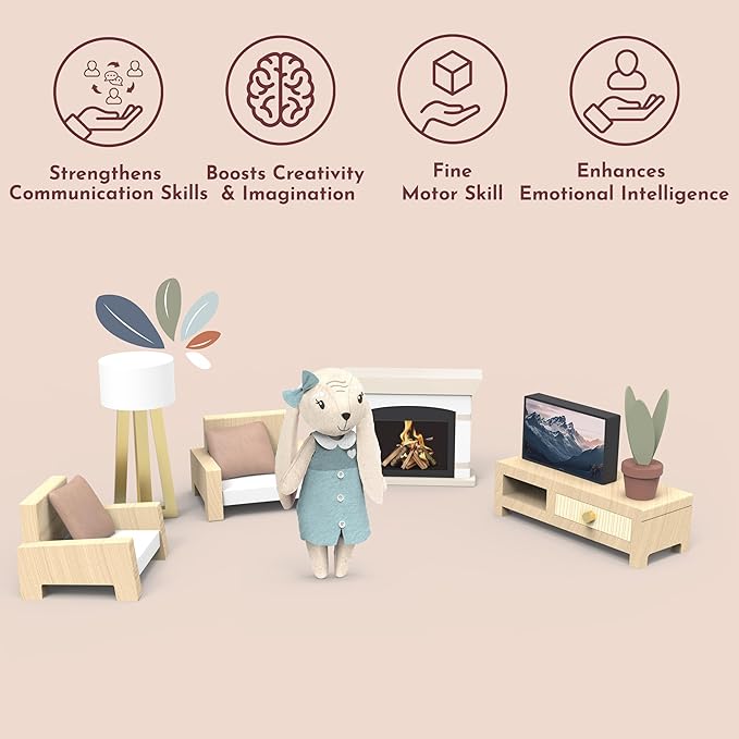 SPEEDY MONKEY Cozy Dollhouse Living Room Playset with Bunny – Miniature FSC Wooden Furniture Sofa, TV – Pretend Play Fully Furnished Farmhouse Accessories for Kid, Toddler, Girl – Doll House Decor Toy