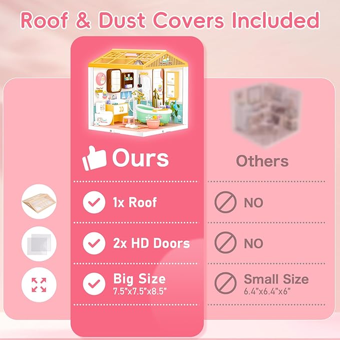 Hallisun LED Building Blocks for Adults, 1:24 DIY Miniature Dollhouse Kits with Roof & Dustproof Cover, Tiny House Toy Building Sets for Kids Ages 8-12-15, Birthday Hobbies Gift for Men Women Boy Girl
