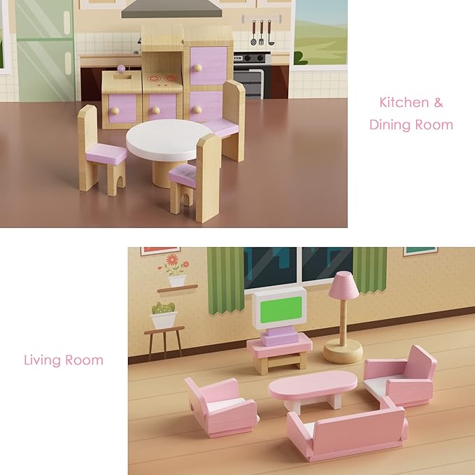 Wooden Dollhouse Furniture Set, 22 PCS Doll House Accessories Including 5 Room Kits, Little People House Furniture Toy Gift for Girls Boys Age 3+, Miniature Dollhouse Furnishing