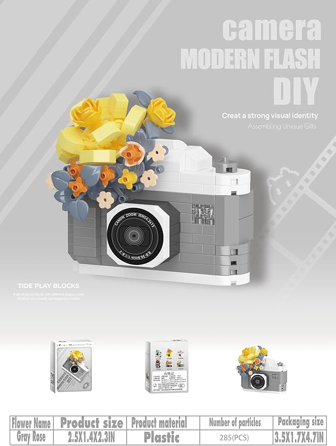 Gray Rose Cute Flower Camera Series Mini Building Toy Bricks Micro Blocks Kit Miniature Toys Ideal for Home Decor Desktop