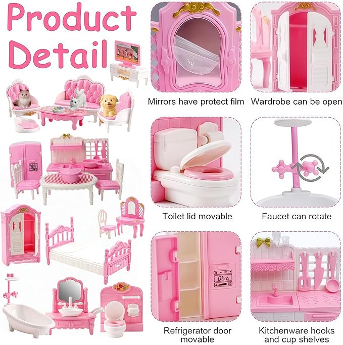 Dollhouse Furniture Set, Complete Room Collection with Kitchen, Dining, Living Room, Bedroom and Bathroom Accessories, Plastic (36-Piece Pink)