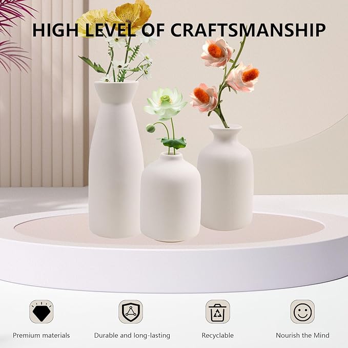 White vase Set of Three, Bohemian Style vases,Small Flower vases for Home Decoration,entryway Table Decor，Living Room, Bedroom, Dining Table Decorations, Fireplace, and Entrance Decorations. (White)