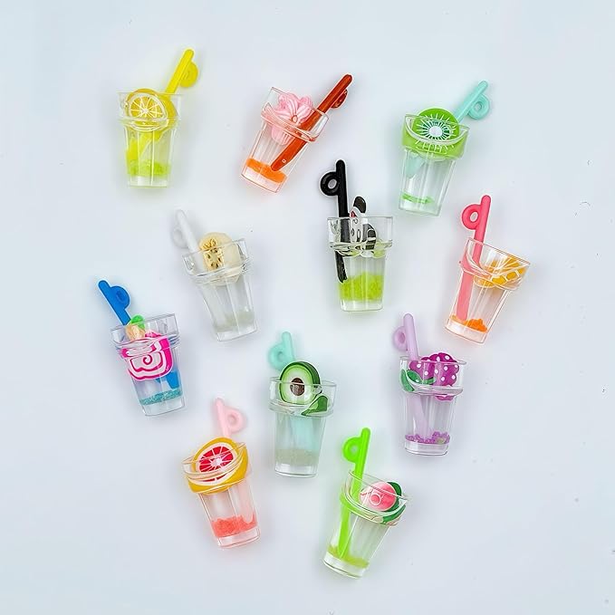 11 Pcs Miniature Dollhouse Drinks Set – Resin Glass Cup and Fruit Beverage Bottles, Simulated Drink Models for Summer Leisure-Themed Decor Decor, 1.07 x 0.5 Inch Mini Props for DIY Craft Display