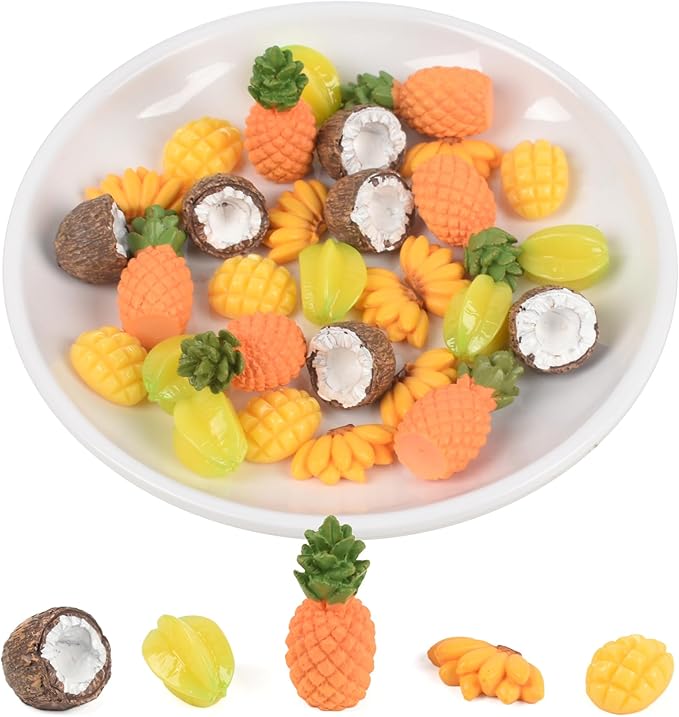 Mini Fake Fruit 30PCS, Artificial Tropical Fruit Resin Fruit Models Miniature Banana Mango Pineapple Starfruit Coconut for Mini Kitchen Scene House Store Display Decoration