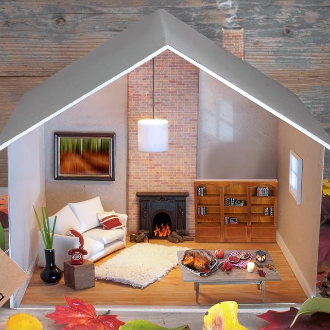 1:12 Scale Dollhouse Miniature Wooden Bookshelf with 48 Pcs Miniatures Books, Mini Bookcase Tiny Books for Dollhouse Mini Library Furniture Christmas Decoration Gift(Brown)