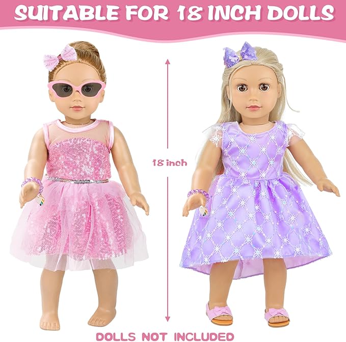 VAWMJOT 18 Inch American Doll Accessories, 2 Sets Pink and Purple Dresser Sunglasses Handbag Lipstick Hair Clip Eye Shadow Foundation Make-up Bracelet Cosmetic Brush American Doll Clothes Set
