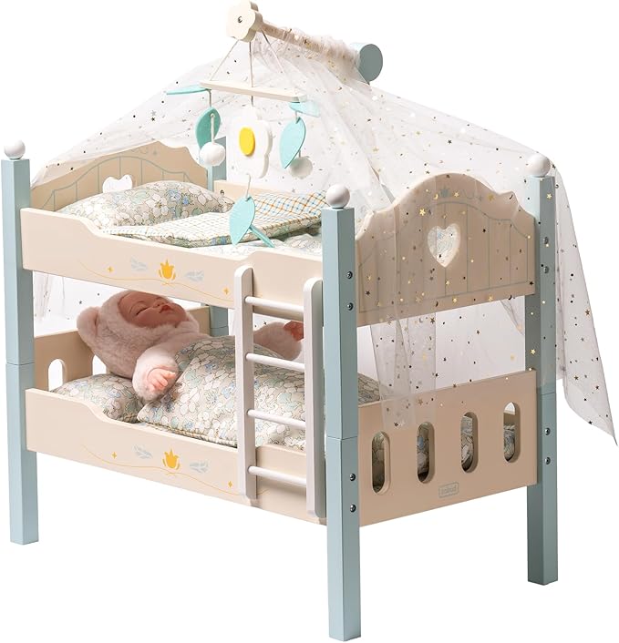 ROBUD Baby Doll Crib, Wooden Baby Doll Beds for 20 Inch Dolls, Blue Baby Doll Bunk Beds with Tulle, American Girl Doll Bed for Gifts, WRP10