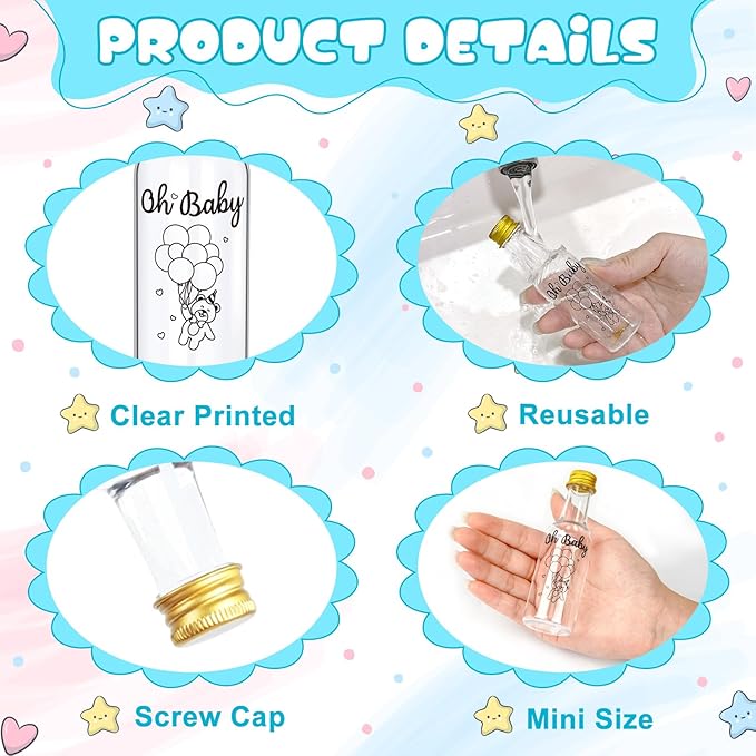 OurWarm 50 Pack Baby Shower Mini Liquor Bottles, 1.7oz/50ml Empty Plastic Shot Bottles with Gold Screw Caps Funnels Tags & Twines for Juice Wine Alcohol Juicing Ginger Shots Gender Reveal Party Favors