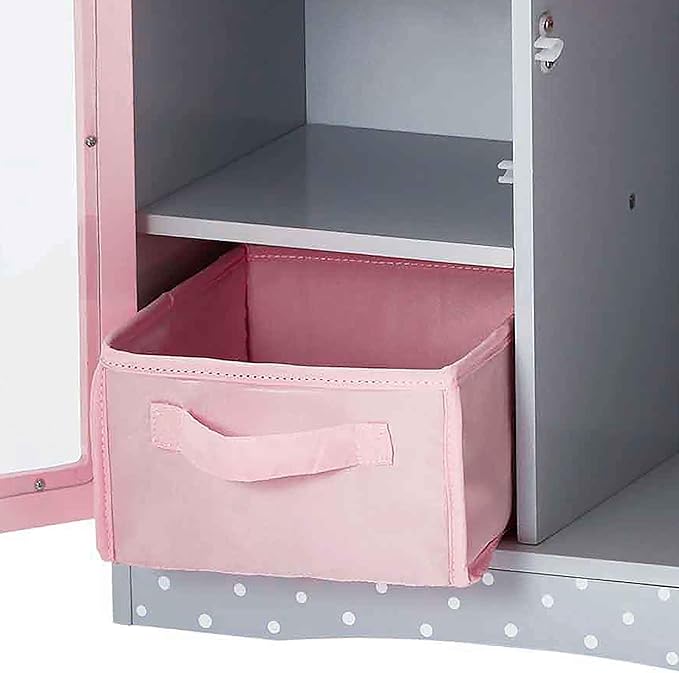 Olivia's Little World Polka Dot Princess Wooden Shaker-Style Double Closet for 18" Doll Wardrobes with Windowed Doors, Three Shelves, Hanging Space with Hangers, Gray/Pink