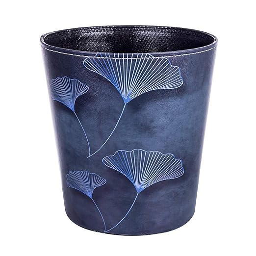 Scakbyer 10L/2.64 Gallon Trash Can, Decorative Waste Basket, PU Leather Waste Paper Basket, Waterproof Garbage Can for Bathroom, Bedroom, Office, Kitchen and Living Room - Blue Lines Leaves