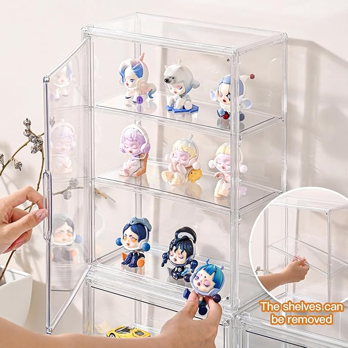 2 Pack Clear Display Case for Figures, Wall-Mounted Acrylic Storage Organizer Box, Stackable Display Cabinet with Magnetic Door & Removable Shelves, Showcase for Collectibles, Anime Figures