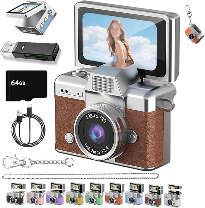 Thumb-Sized Flip Screen Mini Camera, Mini Keychain Digital Camera, Flip Screen Mini Camera with Built-in Flash & Flip Display, 64GB Memory, Portable Keychain Camera for Travel & Daily Use (1, Brown)
