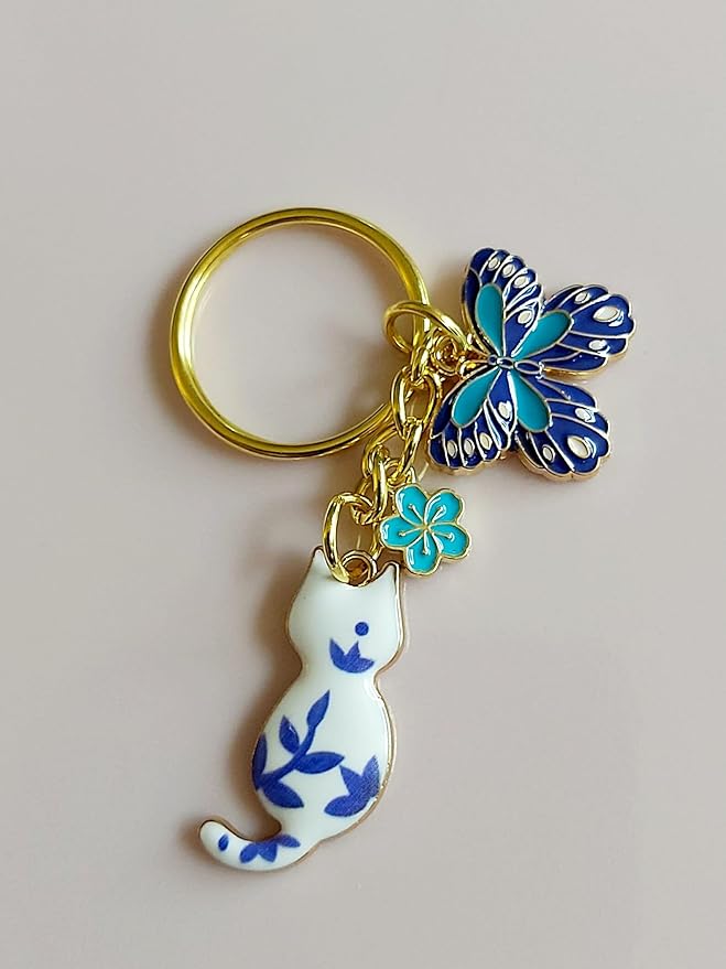 Agromusk Cute Cat Keychain, Enamel Flower Keyring Japanese Decor for Garden Cat Lovers, Kawaii Bag Charm With Sakura Flowers