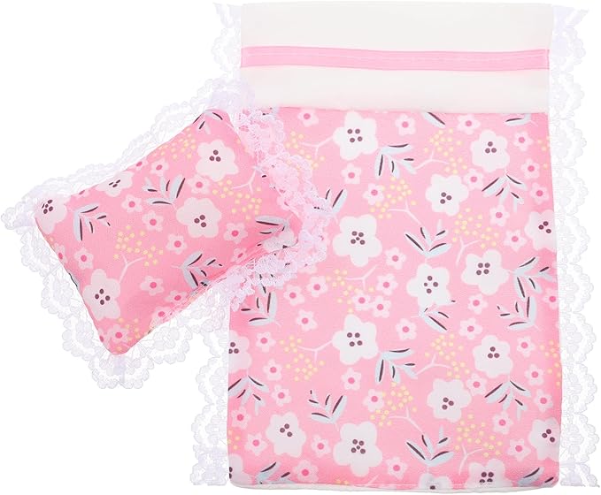 Dollhouse Bedding Accessory Set - Minituare Bed Sheet & Pillow Set Realistic Dollhouse Bedroom Decoration Pink Mini Flower Lace Blanket for Fairy Garde Micro Scene, 6.68X4.72 Blanket
