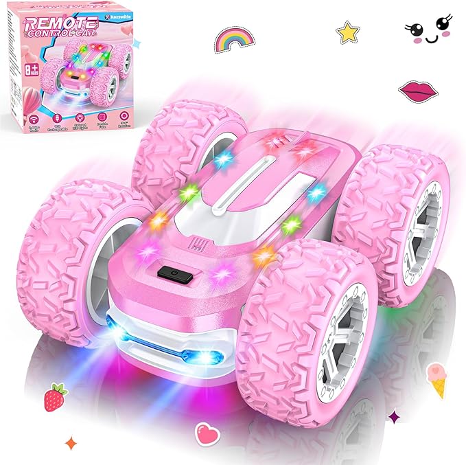 Pink Remote Control Car for Girls, RC Cars for Kids with DIY Sticker & Colored Lights, 2.4Ghz Double Sided 360° Flips 4WD Stunt Car, Rechargeable Toy Cars for Girl Ages 4-6 5-7 6-8 8-12 Birthday Gift