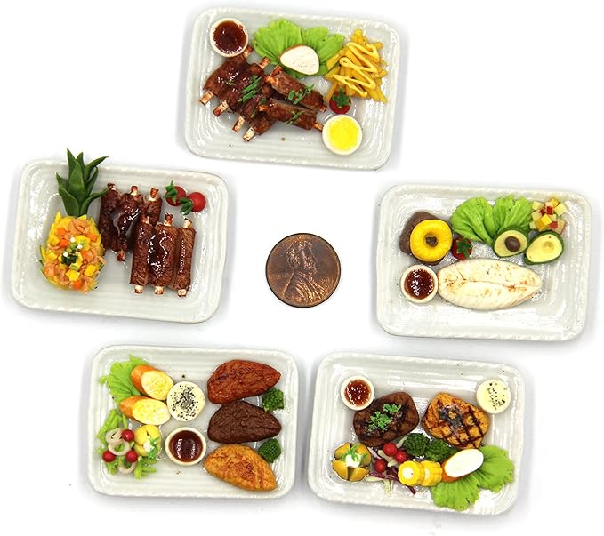 Lovely Mixed 5 Assorted Hawaiian Grilled, Steak, with Appetizer Dish Dollhouse Miniature Food, Tiny Food for Collectibles, Compatible with Barbie Dollhouse and Diorama Scale 1:6, 1/6