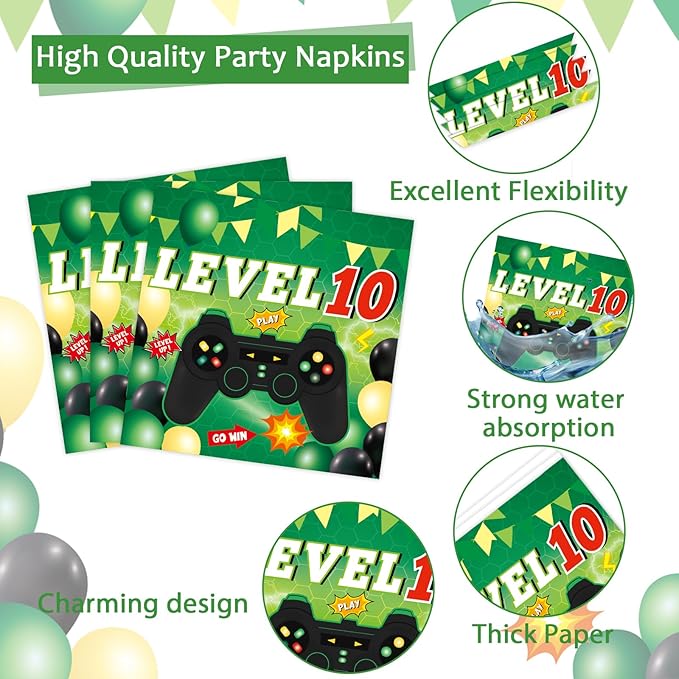 96Pcs 10th Birthday Video Game Party Decorations Green 10th Plates and Napkins Tableware Set Level 10 Dinnerware Party Supplies for Boys Gamer Gaming 10 Year Old Birthday Favors Serves 24 Guests
