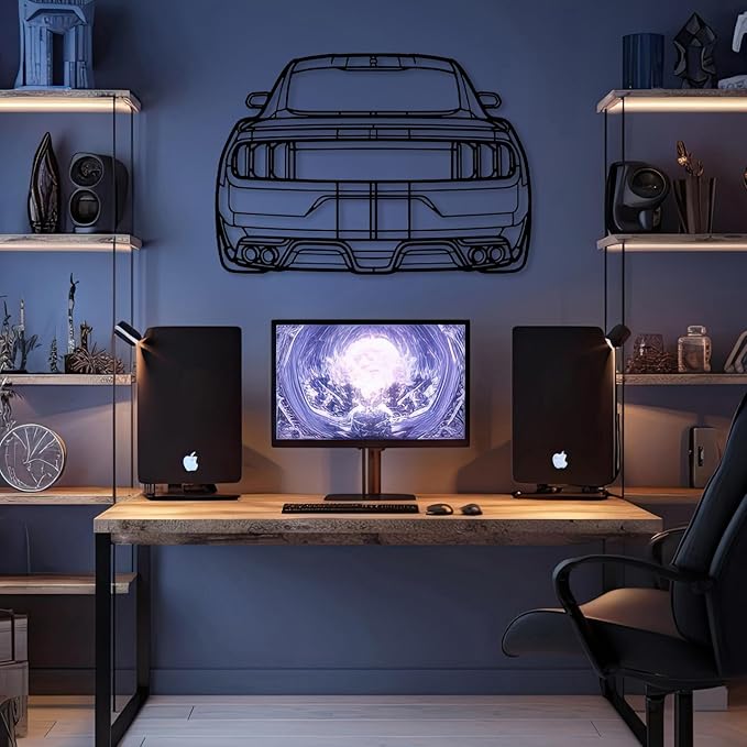 DecoSoul Mustang Metal Car Wall Art, Sports Car, Automotive Silhouette Line Decoration, Minimalist Sculpture for Garage, Indoor Outdoor Wall Hanging, Gift for Boyfriend (Black - 30 x 8.2” inch)
