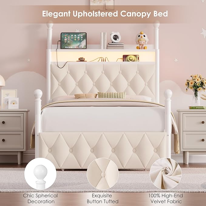 HIFIT Set of 2 Kids Twin Upholstered LED Canopy Bed Frame with Charging Station & Storage Drawer, Button Tufted Storage Headboard w/Bookshelf, Two-Use Girls Platform Bed frame w/4 Removable Post,Beige
