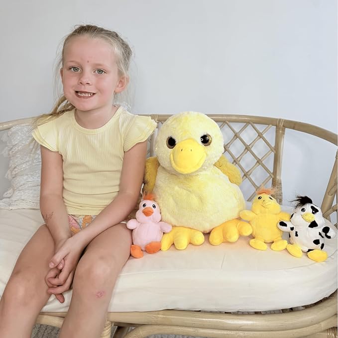 4 Pcs Duck Plush, Mom Duck Stuffed Animal with 3 Cute Stuffed Wind Up Duck Babies Toy, 11" Christmas Birthday Baby Shower Wind Up Plush Toys for Kids Girls Boys, Animal Theme Party Decor
