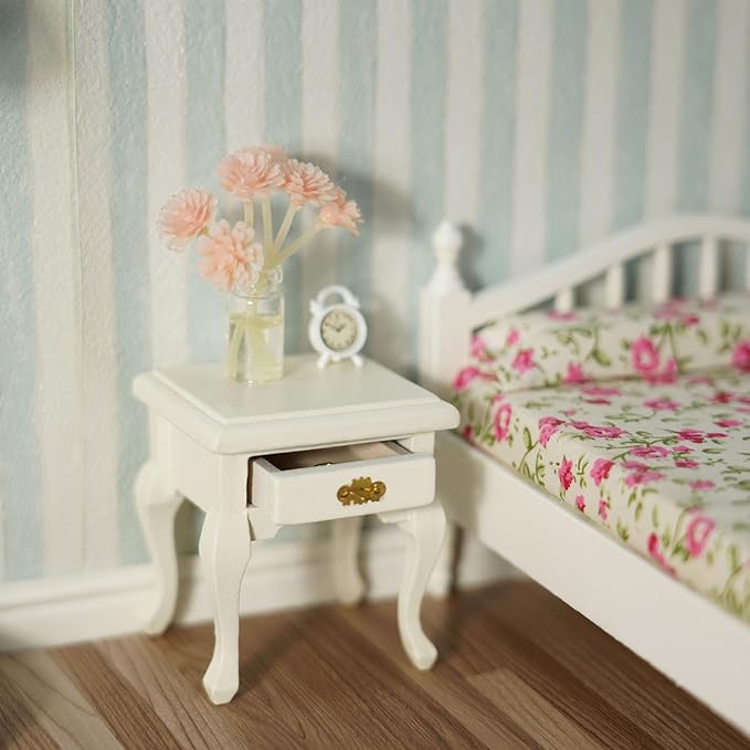 Miniature Furniture 1:12 Bedside Table Dollhouse Accessories Wooden Nightstand Vintage Living Room Bedroom Scene Bedroom Bedsides End TableHouse Model Decoration (White)