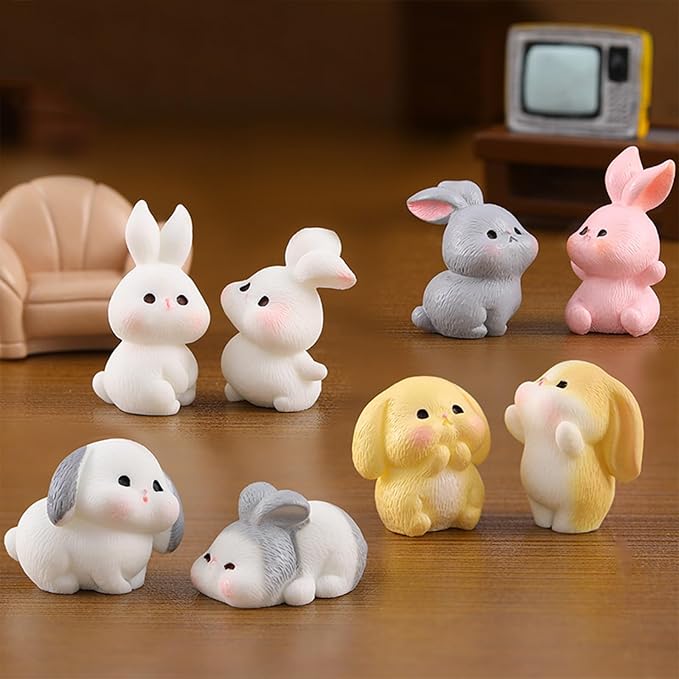 Cayway 8 PCS Fairy Garden Accessories, Mini Rabbit Set, Plastic Rabbits Miniature Resin Animals for Home Decor Fairy Garden Mini Moss Landscape Decor