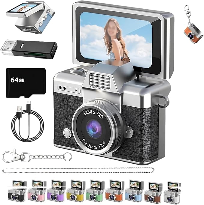 Thumb-Sized Flip Screen Mini Camera, Mini Keychain Digital Camera, Flip Screen Mini Camera with Built-in Flash & Flip Display, 64GB Memory, Portable Keychain Camera for Travel & Daily Use (1, Black)