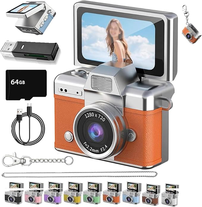 Thumb-Sized Flip Screen Mini Camera, Mini Keychain Digital Camera, Flip Screen Mini Camera with Built-in Flash & Flip Display, 64GB Memory, Portable Keychain Camera for Travel & Daily Use (1, Orange)
