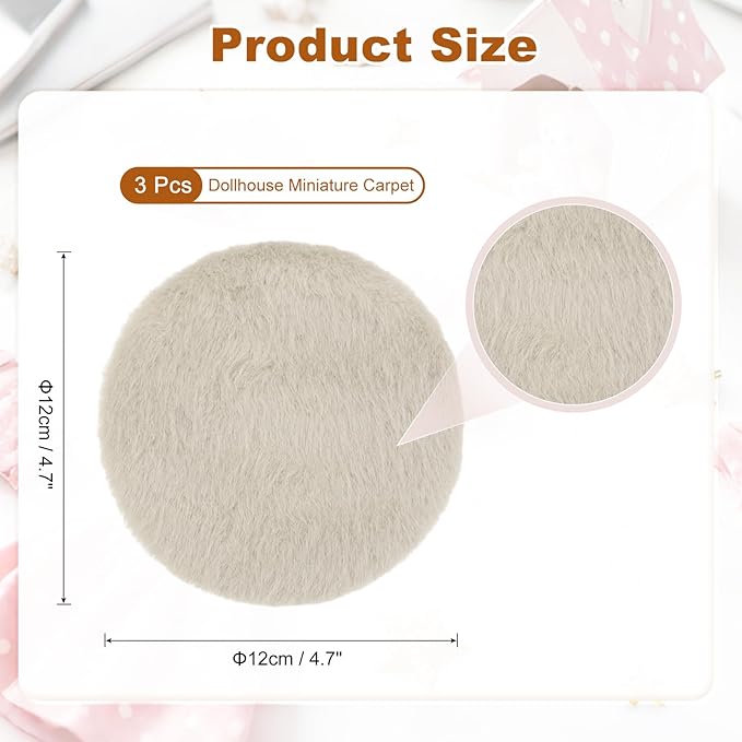 uxcell 3Pcs Dollhouse Miniature Carpet, 1:12 Fluffy Doll House Rugs Prop Small House Accessories for Doll House Furniture Decor Play, Khaki Round