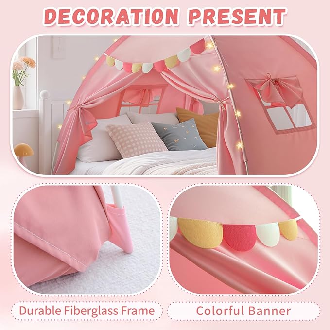 Razee Full Size Bed Canopy for Kids, Girls Bed Tent Dream Privacy Playhouse Floor Sleeping Tents Indoor, Toddler Under Bunk Bed Pink Tent with Pennant Banners, Kid House Toys for Birthday Gift