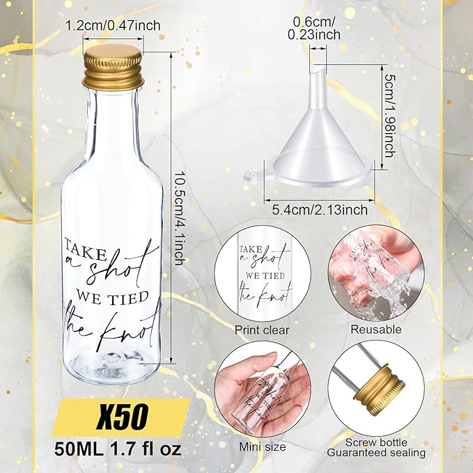 Bokon 50 Pcs Mini Wedding Liquor Bottles Take a Shot We Tied The Knot Shot Glasses for Guests 1.7 Fl Oz/ 50 ml Plastic Reusable Empty Bottle with Cap Funnel Acrylic Mini Glasses for Bridal (Gold)
