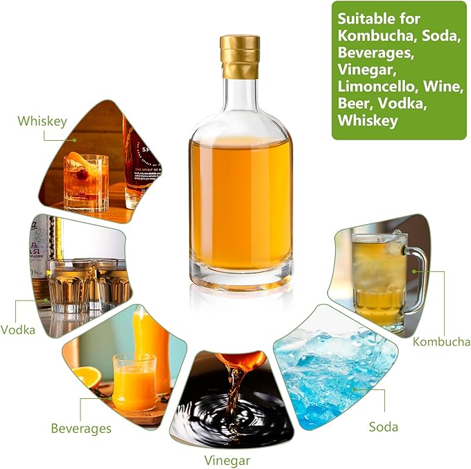 BPFY 6 Pack 12 oz (375ml) Clear Glass Liquor Bottles with T-Top Cap, Heat Shrink Capsules, Vodka Bottles for Wine, Kombucha, Syrup, Beverages, Drinks, Oil, Vinegar