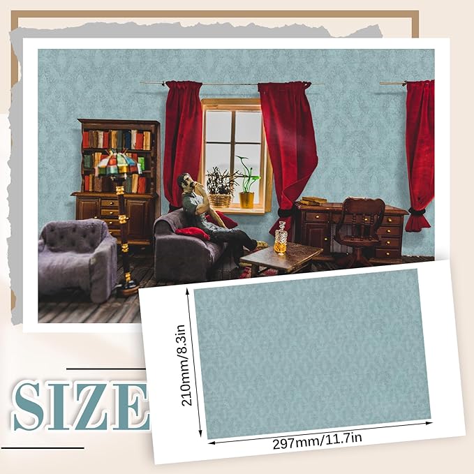 Flutesan 12 Pcs Miniature Dollhouse Wallpaper and Flooring Peel and Stick Mini DIY Self Adhesive Dollhouse Accessories 8.27 x 11.69 Inch (Vintage Blue)