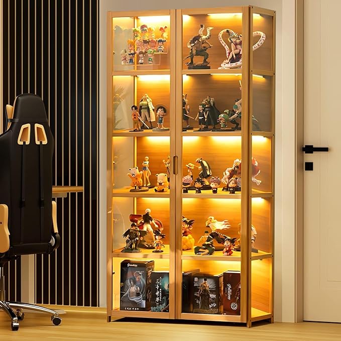 5-Tier Curio Display Cabinet with Acrylic Doors - 64” Transparent Display Case for Figures, Display Shelves for Collectibles & Storage Cabinets for Home, Office, Playroom, Living Room, Brown