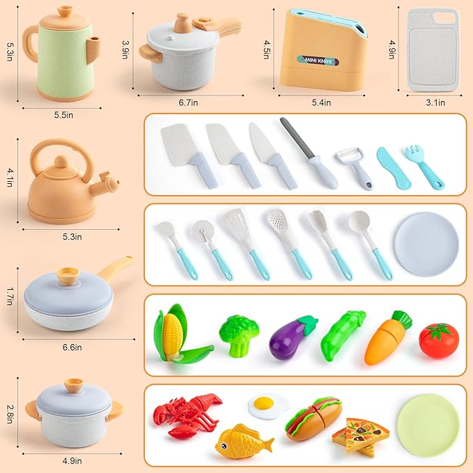 Kids Play Kitchen Accessories, 42Pcs Toddlers Pretend Toy Kitchen Playset Cooking Sets with Pressure Pots and Pans, Cookware, Utensils, Cutting Play Food Preschool Education Toys Gift for Girls Boys