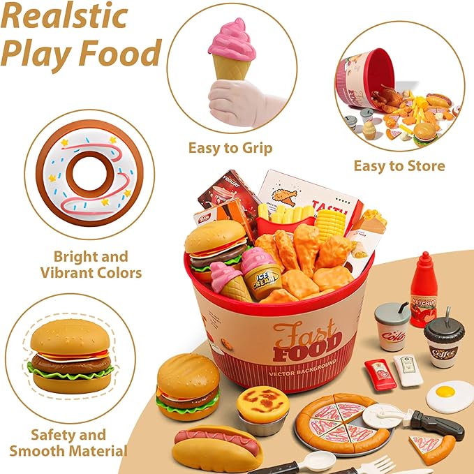 Hydeem 80 Pcs Pretend Play Food Toy for Kids Kitchen Aged 3 4 5, Fast Food Set with Storage Bucket, Pizza, Burger, Ice Cream, Hot Dog, Educational Birthday Toy Gift for Boys Girls