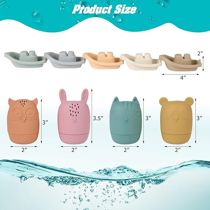 HYSZXUS Bath Toys Floating Boats with Silicone Bathtub Toy,9 PCS Mold Free Baby Bath Toys for Infants 6-12-18 Months,Water Table Toy for Toddlers 1-3,Shower Toys Pool Toys for 1 2 3 4 Boys Girls Kids