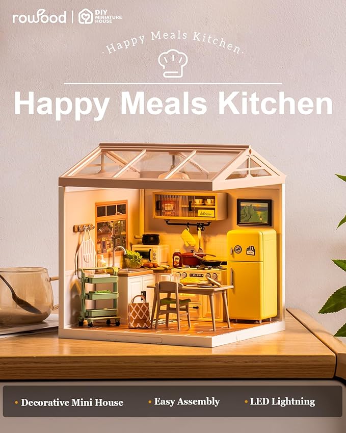 Rowood Miniature Kitchen Building House Kit Set with LED, DIY Plastic Mini Accessories Kit to Build Playset for Kids Adults, Easy and Lovely Craft Kits Gifts on Birthday Christmas-Happy Meals Kitchen