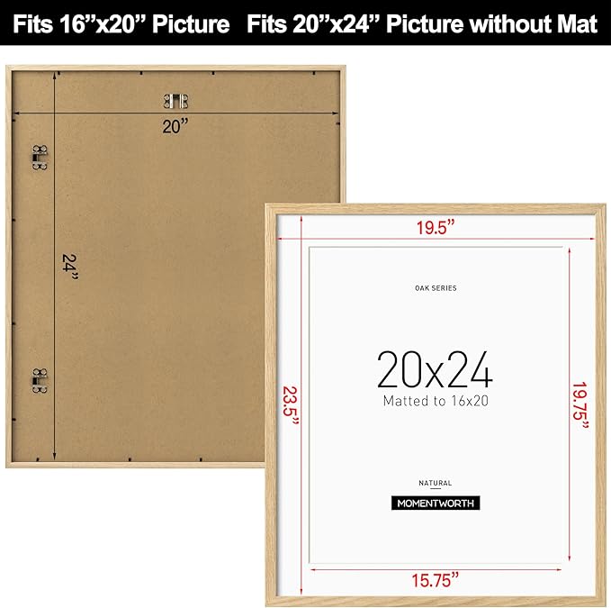 Momentworth Minimalist 20x24 Picture Frame Matted to 16x20 Set of 3, Solid Oak Wood Frame for Horizontal & Vertical Wall Mounting(3 Pack,Oak)